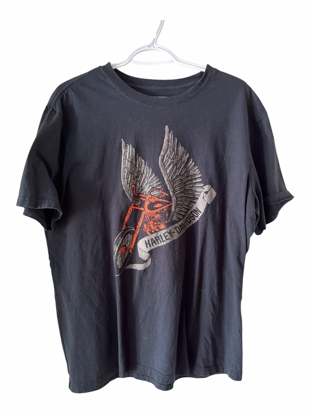 Harley-Davidson Black Tee with Orange Motorcycle and Gray Wings Banner
